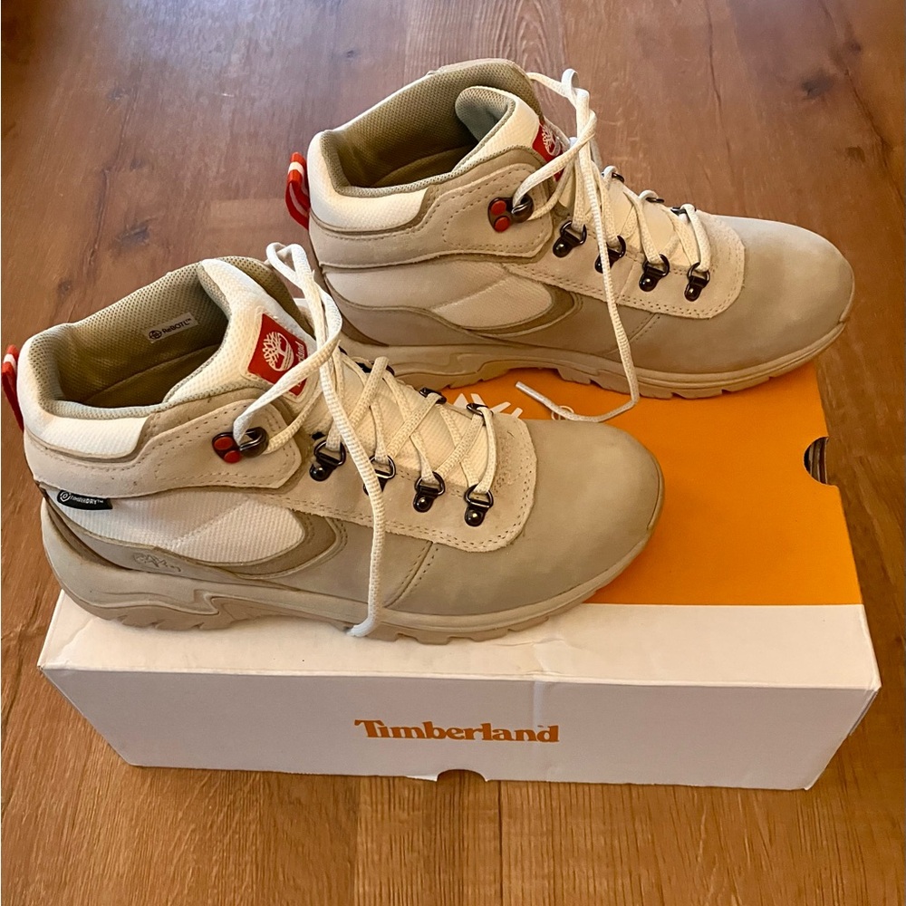 Timberland Tan and Cream Boots with Red AccentsTimberland Mt.  Maddsen Hiking Bo